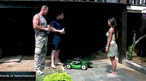 Oriental brunette gets double penetration fucked in garden