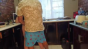 brunette milf gets horny teasing cum on big ass kitchen