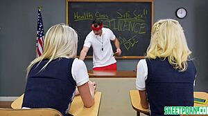 innocent kiara cole and scarlett hampton get handsy with substitute teacher bending over for doggystyle