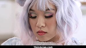 lucky guy dives between thin asian teen's tight legs for pussy treat