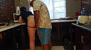 brunette milf gets horny teasing cum on big ass kitchen