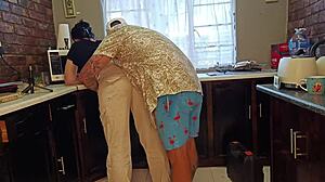 brunette milf gets horny teasing cum on big ass kitchen