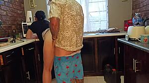 brunette milf gets horny teasing cum on big ass kitchen