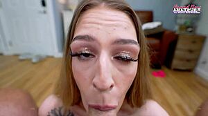 Tattooed Emma Wolfe sloppy deepthroats dildo then pussy slammed