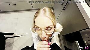 German slim blonde teen in glasses seduces boss for quick kitchen POV anal creampie rough fuck