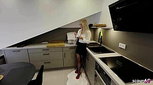 German slim blonde teen in glasses seduces boss for quick kitchen POV anal creampie rough fuck