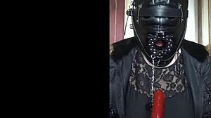 Masked Bisexual Crossdresser Gags On Homemade Dildo Toy