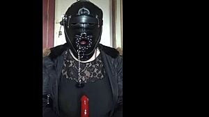 Masked Bisexual Crossdresser Gags On Homemade Dildo Toy