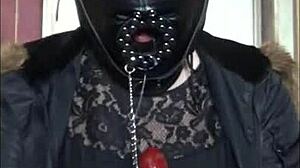 Masked Bisexual Crossdresser Gags On Homemade Dildo Toy