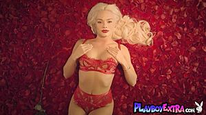 whoa! petite blonde teen elsa jean strips naked posing sexy among red petals!