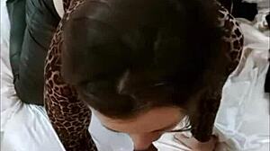 french milf deepthroats rimjobs doggystyle in red satin bodysuit black leather pants heels pov