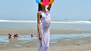 Skinny Latina Model's Small Tits And Ass Bare In Public Beach Shoot!