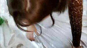 french milf deepthroats rimjobs doggystyle in red satin bodysuit black leather pants heels pov