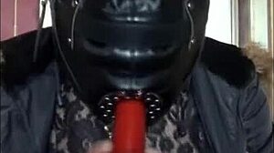 Masked Bisexual Crossdresser Gags On Homemade Dildo Toy