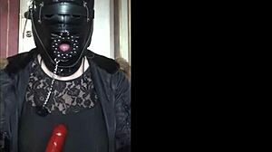 Masked Bisexual Crossdresser Gags On Homemade Dildo Toy