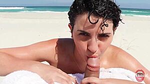 Skinny Brunette Teen Deepthroats to Facial on Beach!