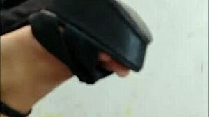 Modeling high heels short dress flashing sweet college panties!