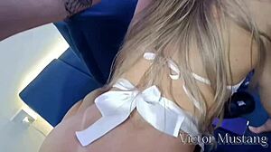 Horny husband deepthroats big cocked maid bent over doggystyle