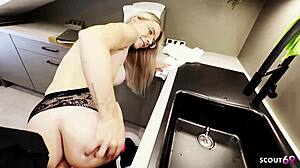 German slim blonde teen in glasses seduces boss for quick kitchen POV anal creampie rough fuck