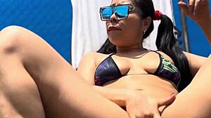 skinny slut flashes wet pussy and small tits at public pool wanna fuck me outdoors?