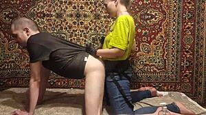 Anastasia pegs crossdresser Sasha's ass hard with huge strapon in homemade femdom session