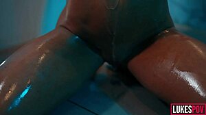 oiled fitness model boobs drenched in monster cock cum