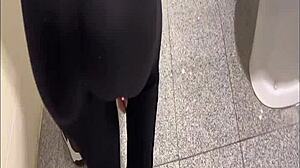 Curvy colombian culona strips leggings off in public bathroom for huge ass show