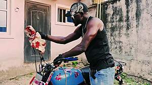 petite biker teen fucks standing on bike in public garage quickie