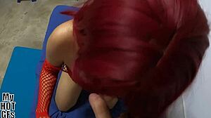 Kelly slips into red lingerie for intimate play