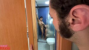 Guy Fucks Married Milf in Bathroom While Cuckold Husband Watches Up Close