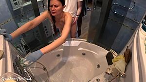 girl next door moans barefoot in socks while fucked bent over in shower bath