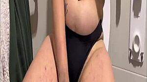 Curvy colombian culona strips leggings off in public bathroom for huge ass show