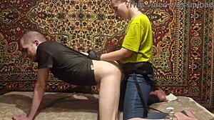 Anastasia pegs crossdresser Sasha's ass hard with huge strapon in homemade femdom session