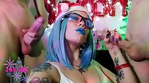 Tattooed Blogger Humiliates Cuckold with Cousins' Monster Cocks at Christmas