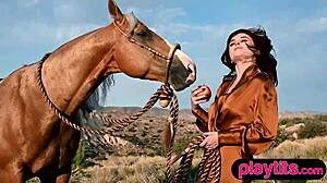 Curvy redhead milf bares big tits and ass then rides horse outdoors