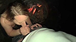 curvy camper gets big cock creampie by campfire outdoors
