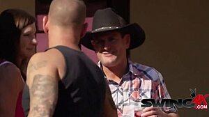 Gorgeous horny brunettes bent over doggystyle licked by swinger friends