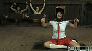 Four petite 18+ angels crammed tightly inside minuscule confinement cage for kinky play