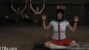 Four petite 18+ angels crammed tightly inside minuscule confinement cage for kinky play