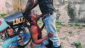 petite biker teen fucks standing on bike in public garage quickie