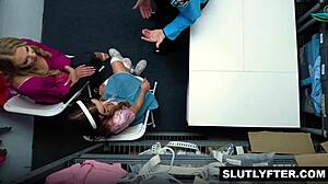 nikki nicole calls stepmom harper for help but takes officer's raunchy office pounding