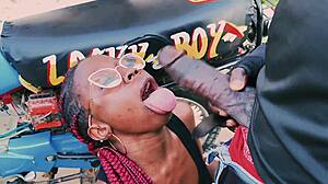 petite biker teen fucks standing on bike in public garage quickie