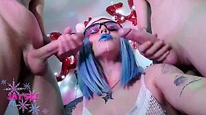 Tattooed Blogger Humiliates Cuckold with Cousins' Monster Cocks at Christmas