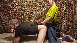 Anastasia pegs crossdresser Sasha's ass hard with huge strapon in homemade femdom session