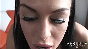 Angelina Valentine packs her tight holes with huge dildos.