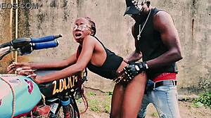 petite biker teen fucks standing on bike in public garage quickie