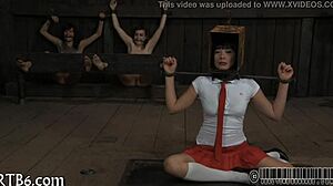 Four petite 18+ angels crammed tightly inside minuscule confinement cage for kinky play