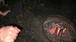 curvy camper gets big cock creampie by campfire outdoors