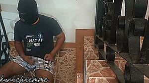 step mommy catches stepson stroking then offers her chubby pussy on staircase