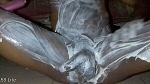 Lonely African dude lotions massive cock and ass!